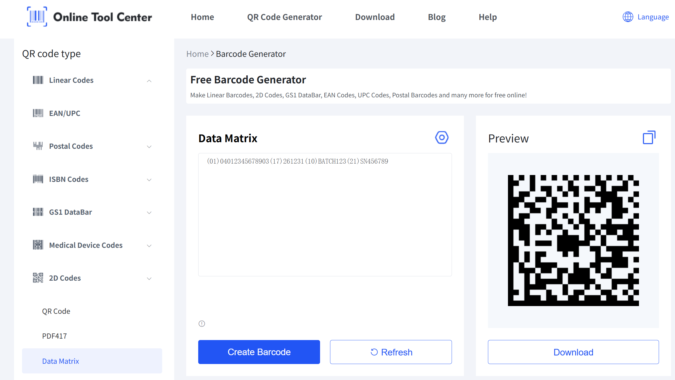 código de la matriz de datos