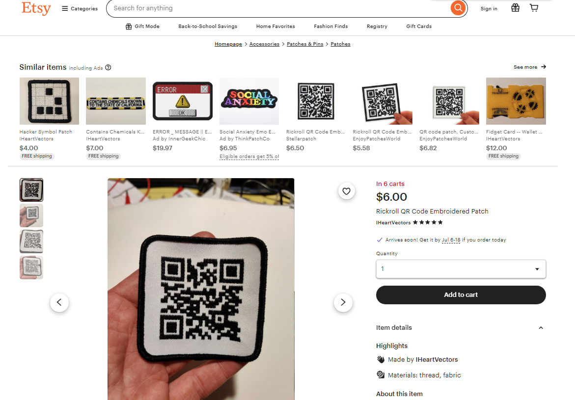 Etsy.png bordado rollo de Rick de código QR