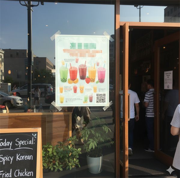 qr code on a promotional poster at the store entrance Código qr en un cartel promocional en la entrada de la tienda